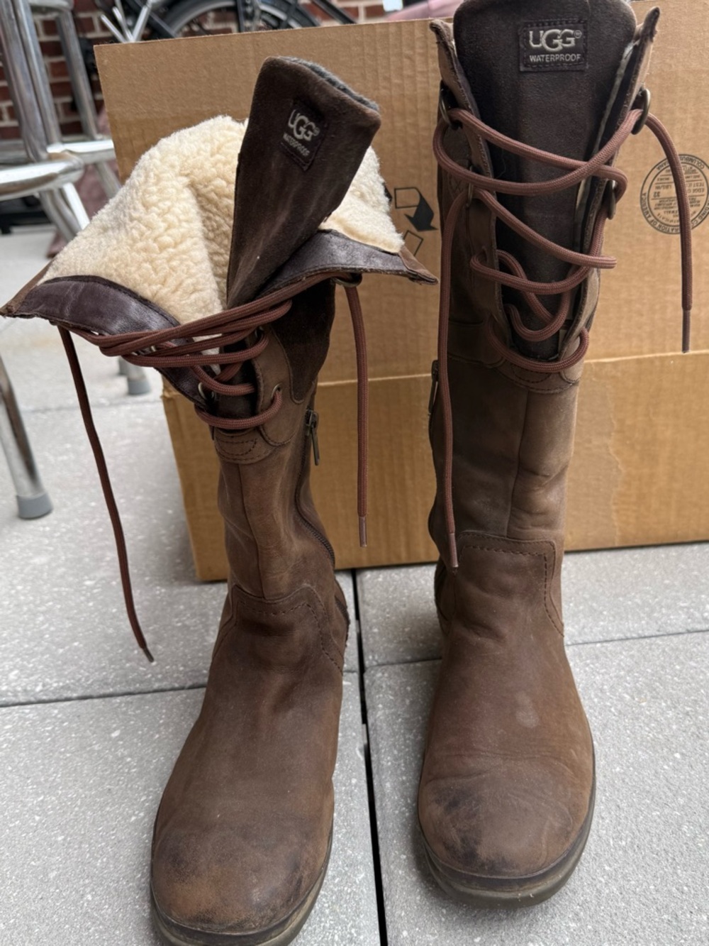 UGG Brown Leather Lace-Up Tall Winter Boots